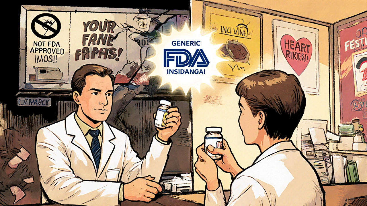 A pharmacist reassures a patient that generic and brand-name pills are equally safe, while misleading ads crumble behind them.