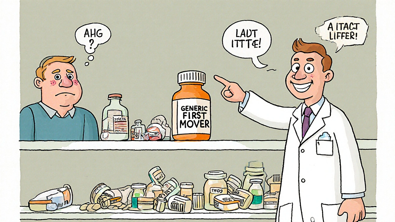 A pharmacy shelf with one dominant generic drug bottle in the center, others ignored on the bottom.