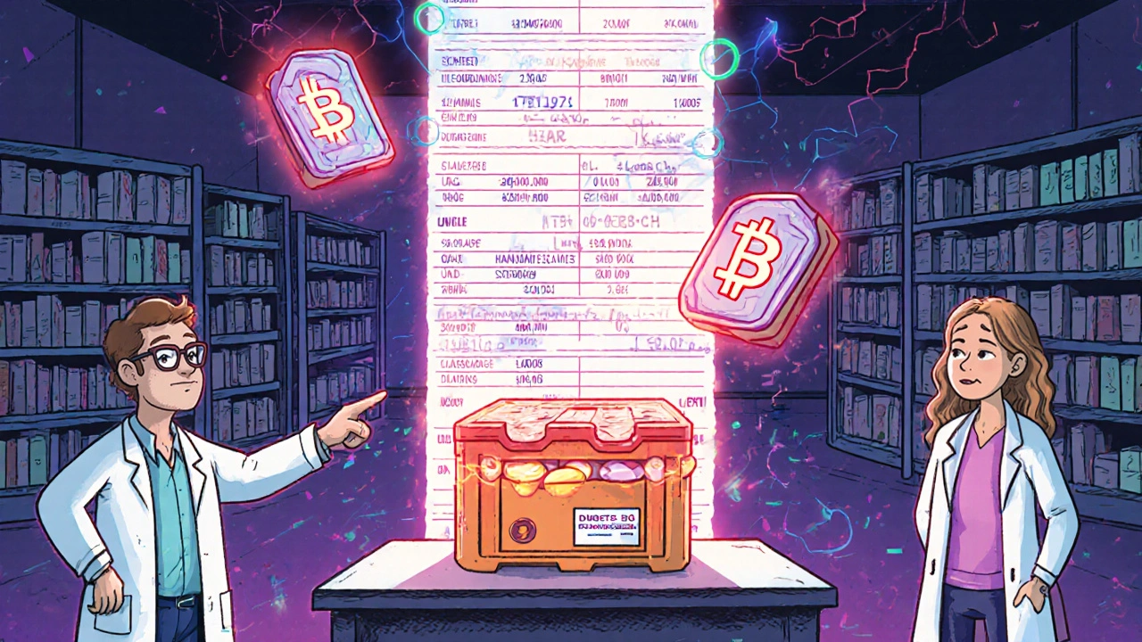 AI holograms predicting drug shortages and blockchain tracking pills from factory to patient in a vibrant pharmaceutical warehouse.