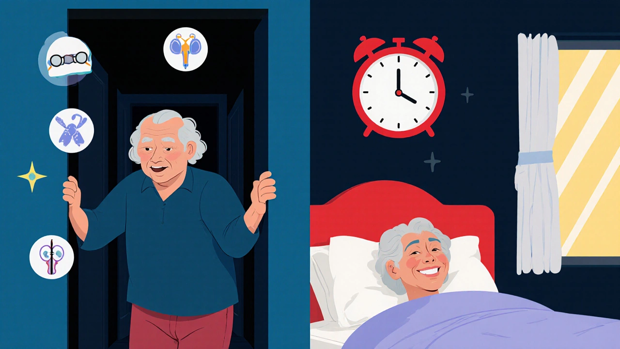 An elderly person stumbling at night versus sleeping peacefully with good sleep habits.