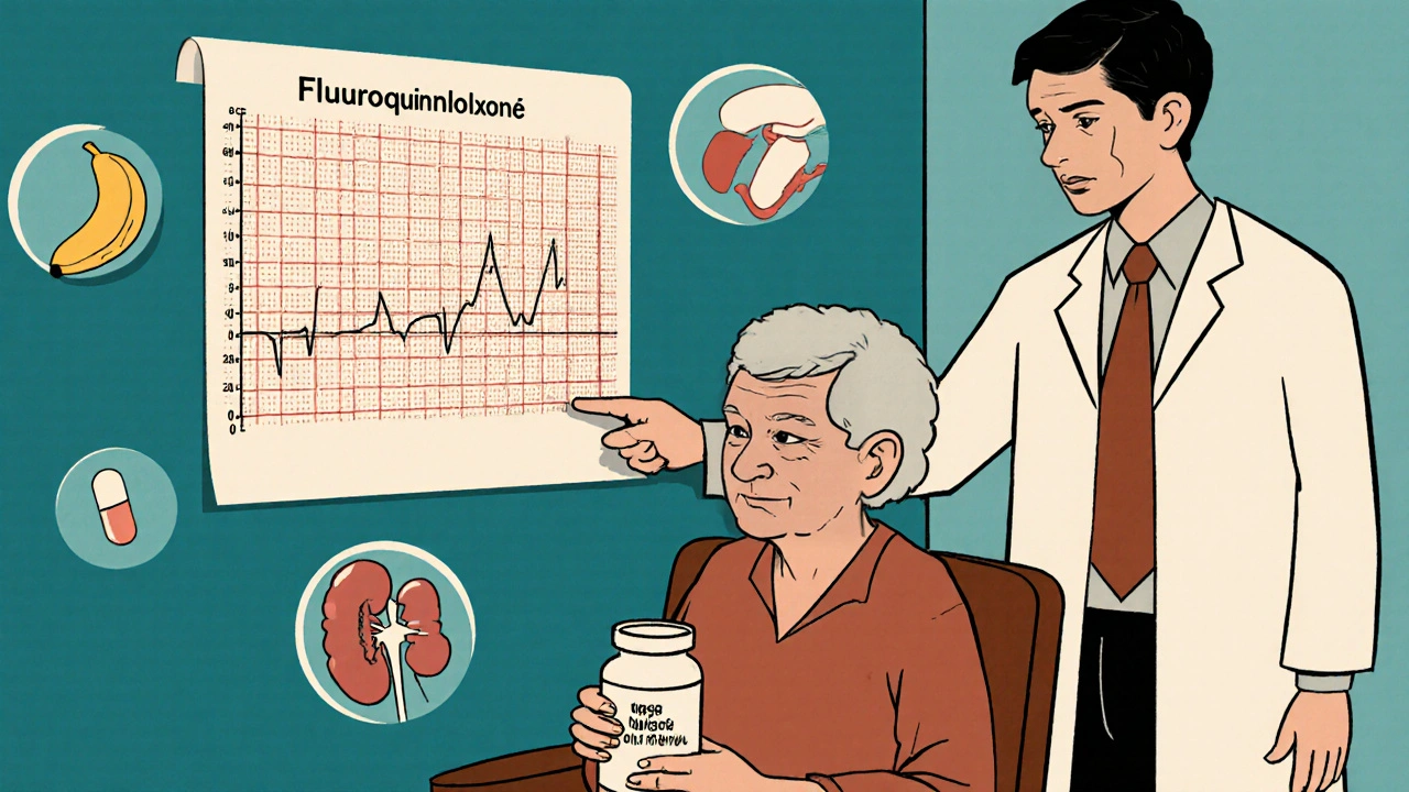 An elderly woman in a clinic with a doctor pointing to a dangerously long QT interval on an ECG, surrounded by risk factor icons.