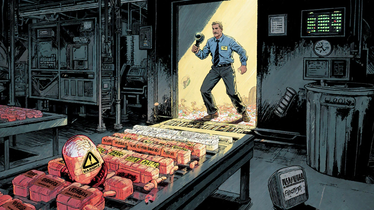 An FDA inspector discovers a contaminated pill batch in a factory at dawn.