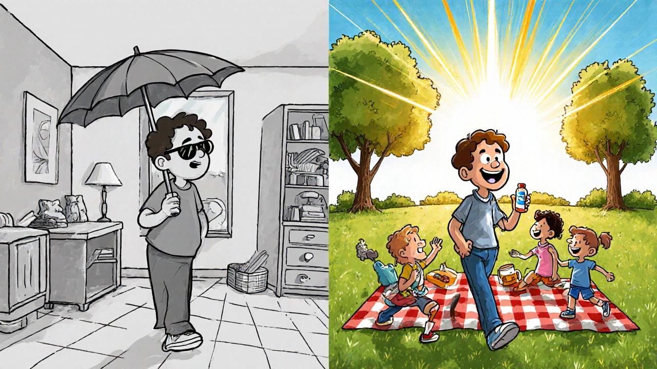 Before and after: someone avoiding outdoors vs. enjoying a sunny park outing.