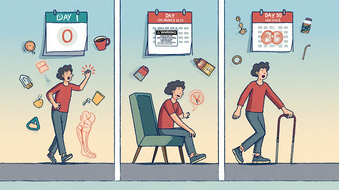 Calendar flipping over 365 days showing a person&#039;s worsening joint pain, surrounded by icons of daily struggles.