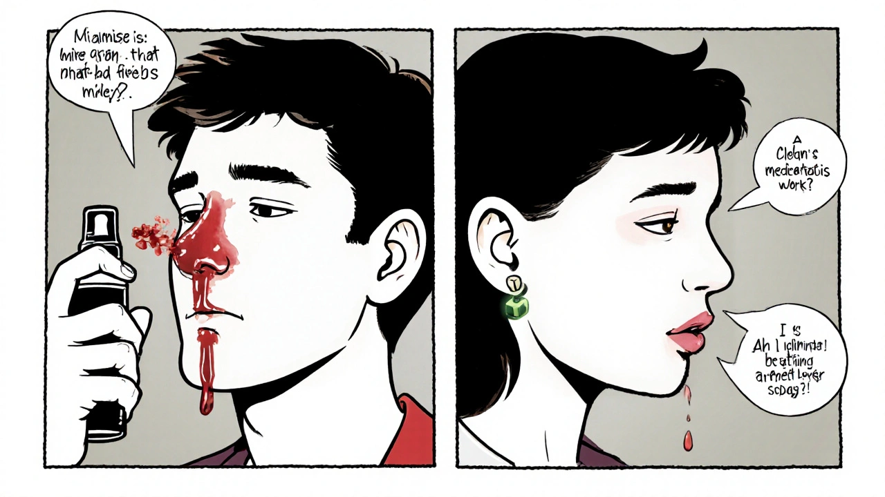 Comic-style comparison: wrong vs. right way to use nasal spray, showing nosebleed versus clear airflow.