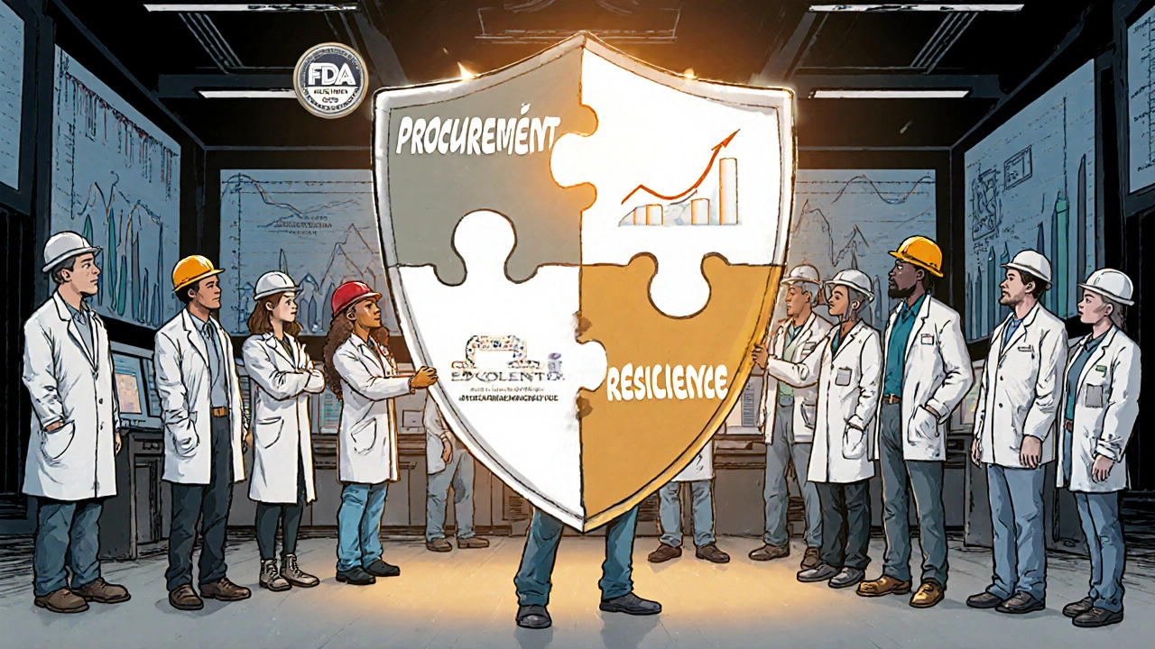 Diverse team uniting fragmented departments into a resilience shield, with rising production graphs in the background.