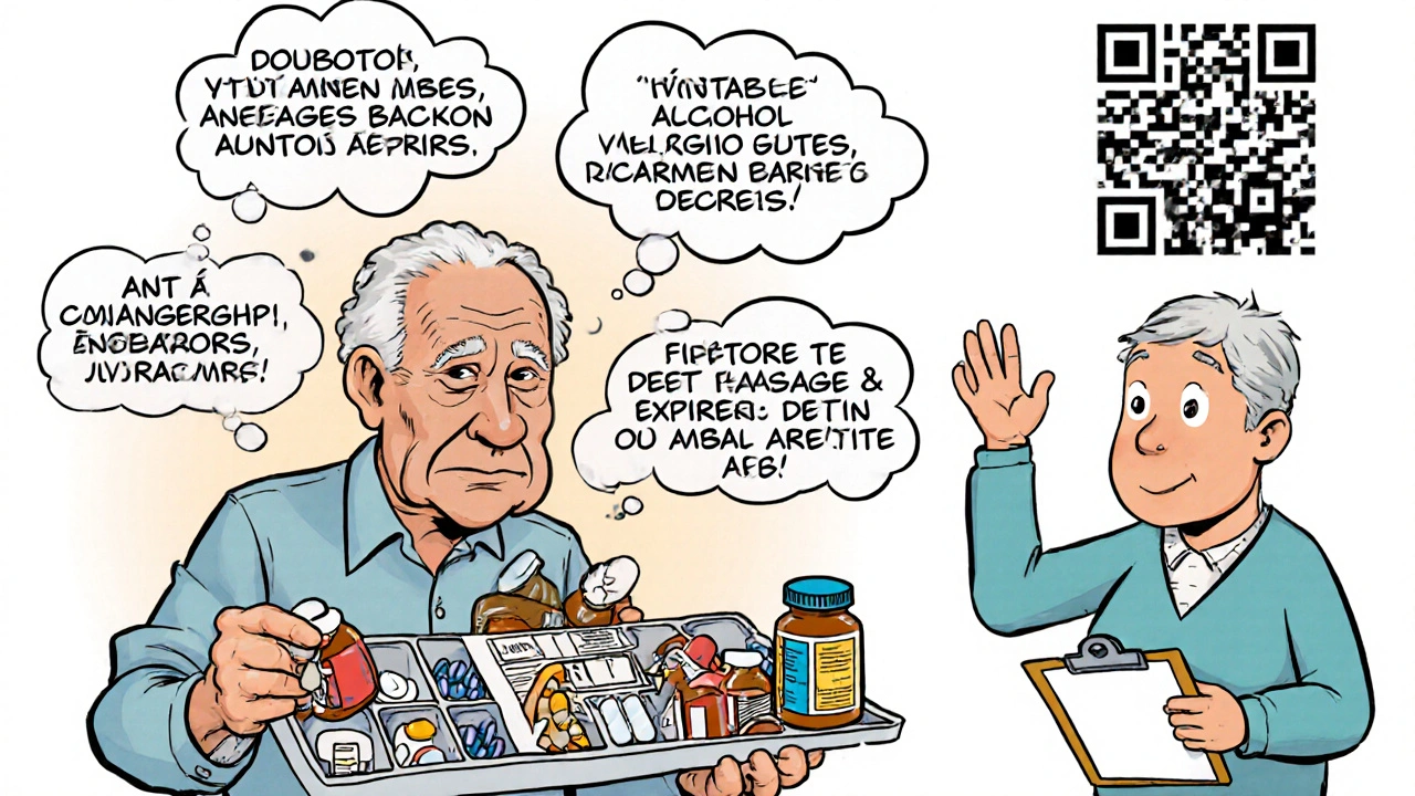 Elderly person surrounded by multiple pill bottles with warning icons floating above, pharmacist offering help.