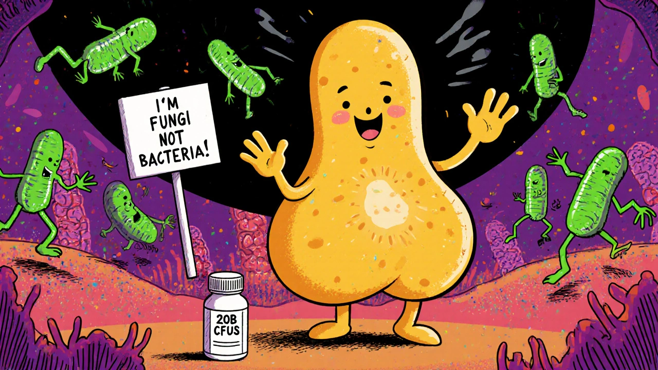 Friendly yeast probiotic unharmed beside an antibiotic pill, while other bacteria run away.