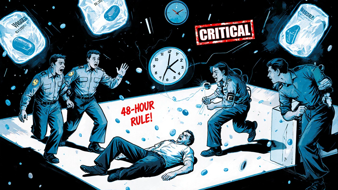 Man collapsed in ER as paramedics rush in, with ghostly pills above him and a ticking clock showing 48-hour rule.