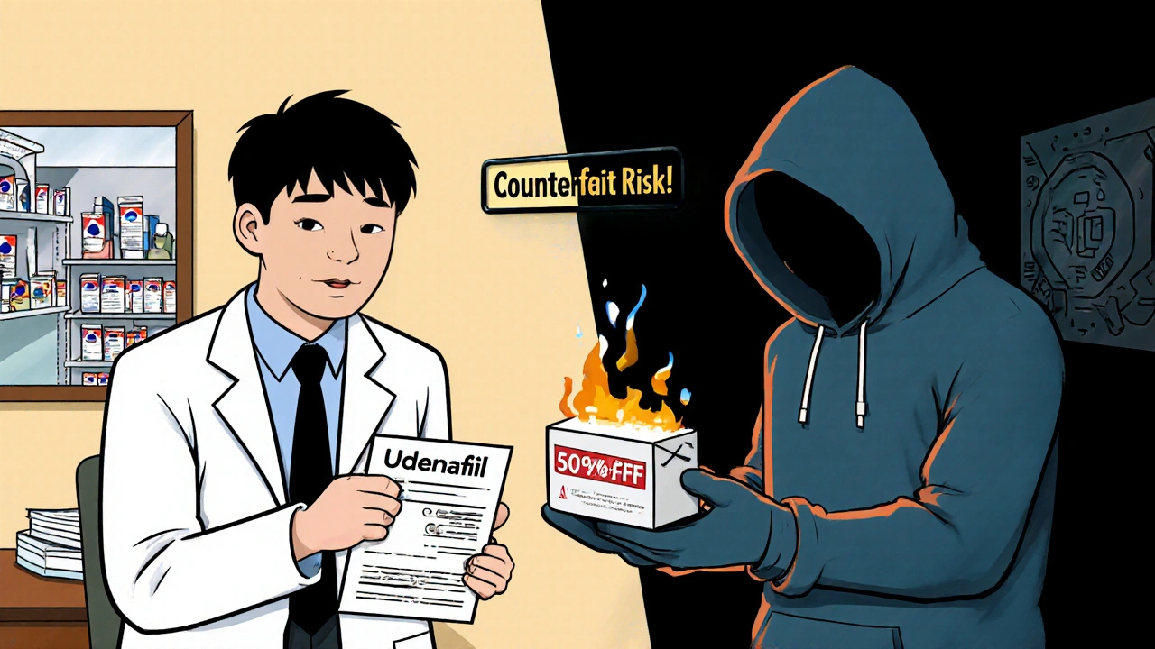 Man receiving udenafil from shady online package while doctor looks on in warning