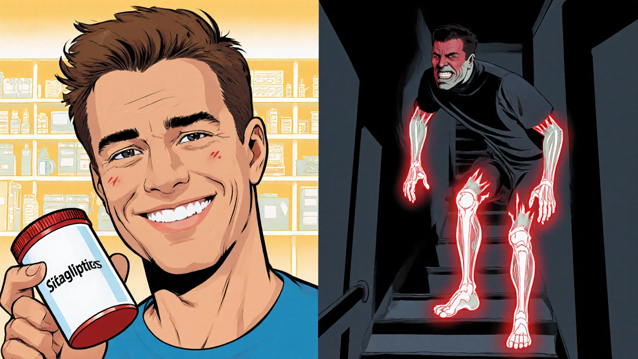 Man smiling while taking pill, then in agony months later unable to climb stairs, with red pain lines radiating from joints.