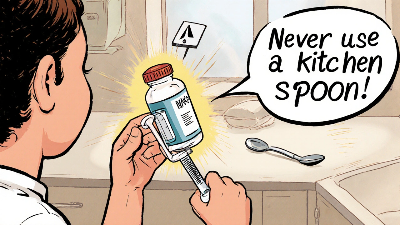 Parent accurately measuring liquid medicine with a syringe, kitchen spoon discarded nearby.