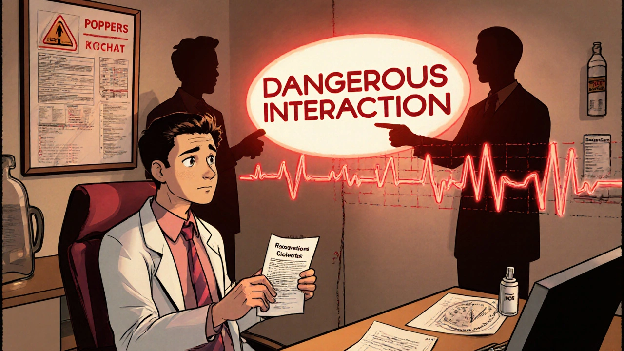 Patient in doctor’s office facing a glowing warning sign about dangerous drug interaction with floating nitrate forms.