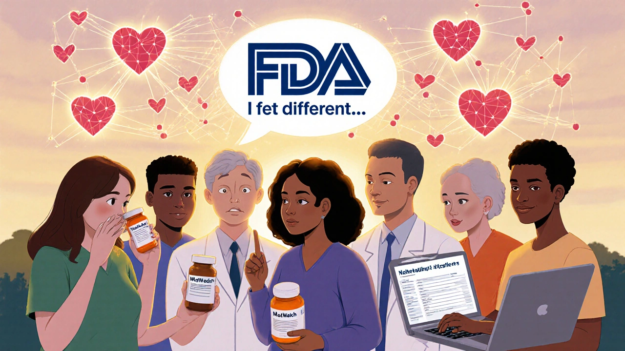 Patients and a doctor discuss side effects, with a MedWatch form and connected data nodes above.