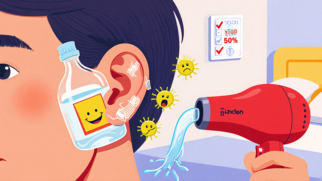 Person drying ear with hairdryer as microbes flee from solution