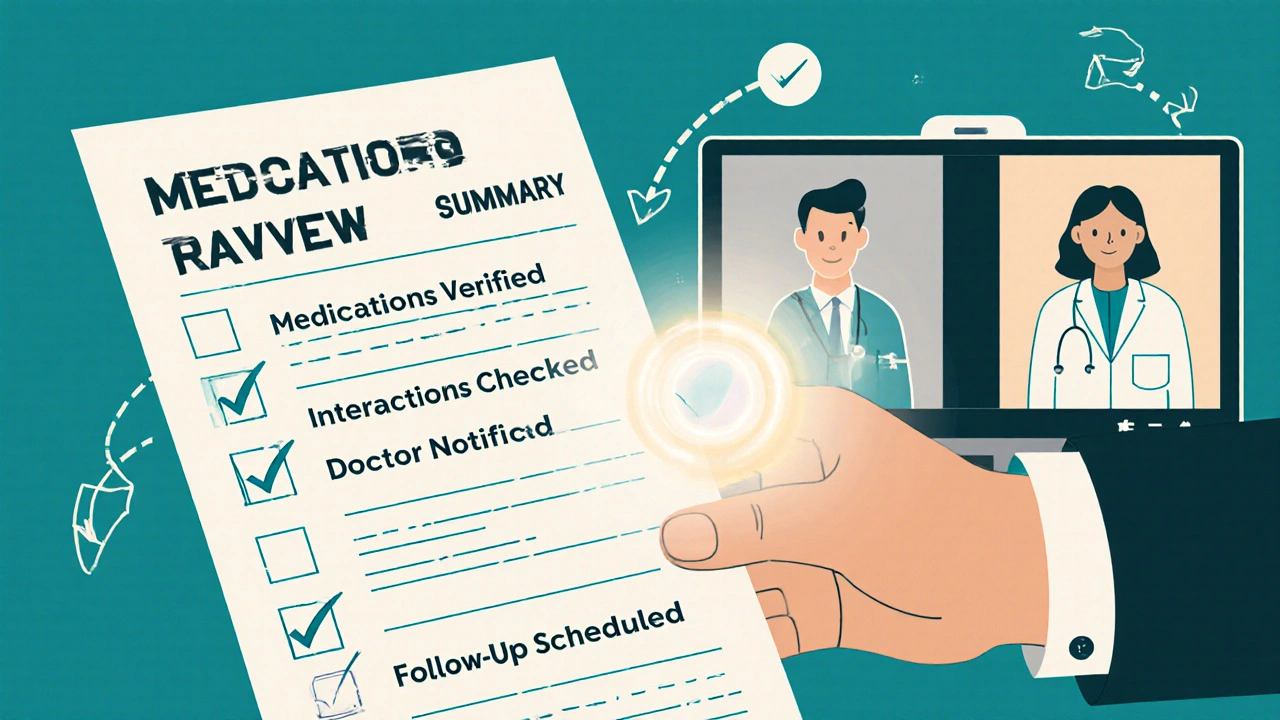 Pharmacist&#039;s hand holding medication review summary with checklist, connected to doctor via arrows