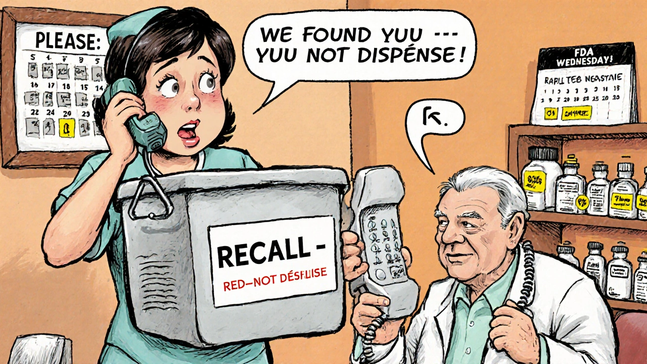 Pharmacist calling an elderly patient about a recalled drug while holding a labeled recall bin.