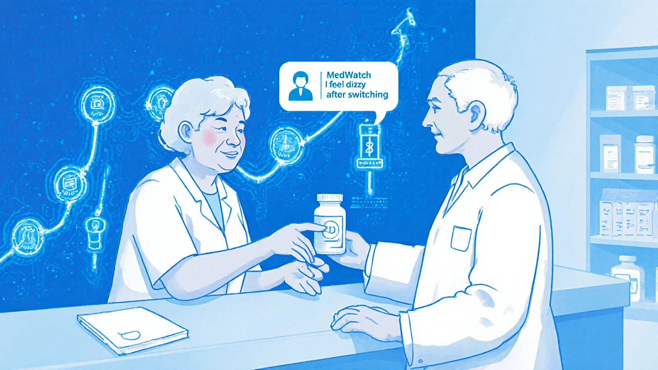 Pharmacist gives pill to patient as blockchain tracks pill journey from factory to pharmacy.