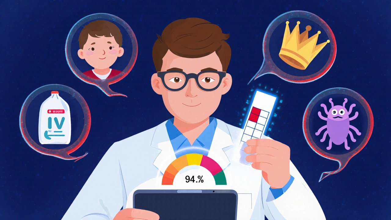 Pharmacist testing an antibiotic with a paper strip, surrounded by icons of infection and superbugs.