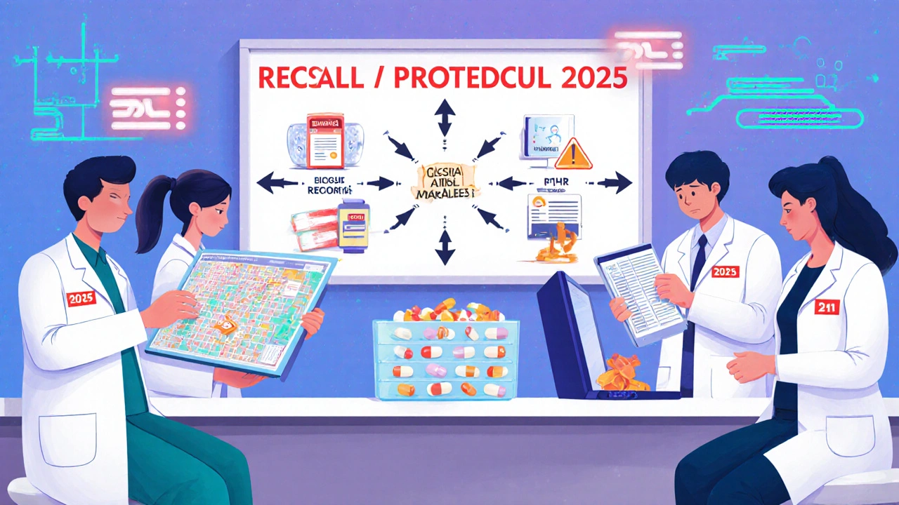 Pharmacy team conducting a recall drill with digital inventory maps and a protocol flowchart on the wall.