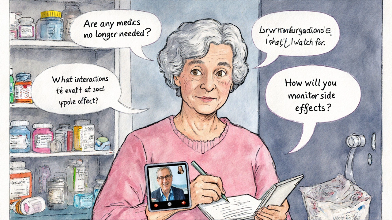 Senior woman taking notes during telehealth call, floating question bubbles above her head