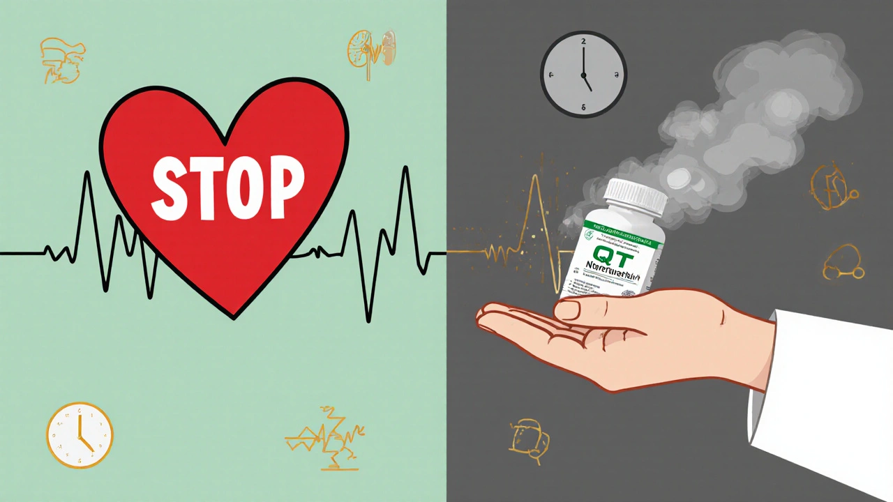 Split scene: a stopped dangerous antibiotic versus a safe alternative pill, with healthy heart waveform, in cartoon illustration style.