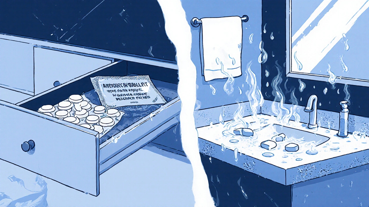 Split scene: antibiotics stored safely in a cool drawer versus degraded pills in a humid bathroom.
