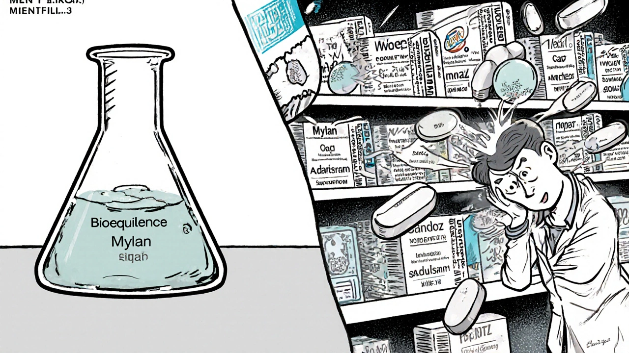 Split scene: lab-tested pill vs. chaotic pharmacy shelf with multiple generic versions and dissolving tablets.