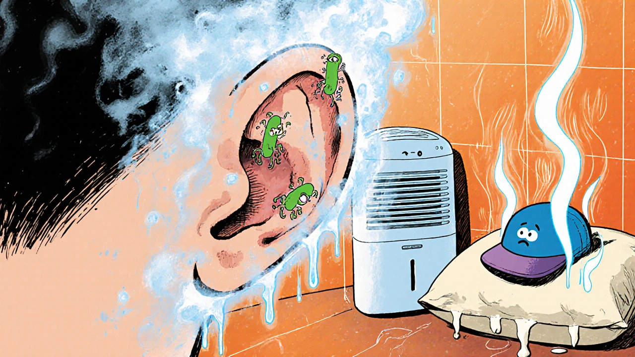 Steamy bathroom with swollen ear canal and crawling bacteria