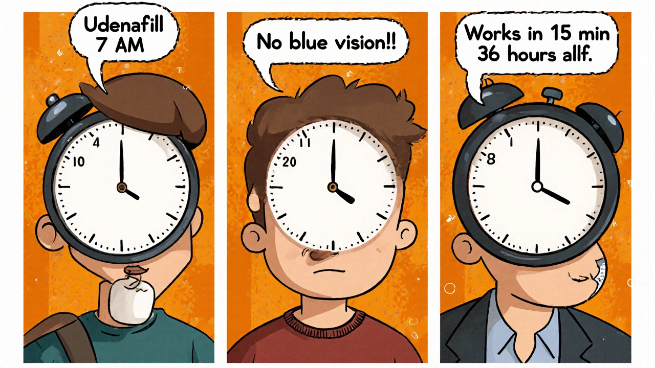 Three men in comic strip showing duration differences of udenafil, sildenafil, and tadalafil