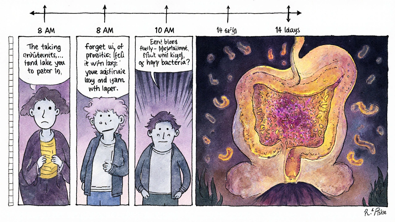 Timeline comic showing gut recovery after probiotics taken correctly for 14 days after antibiotics.