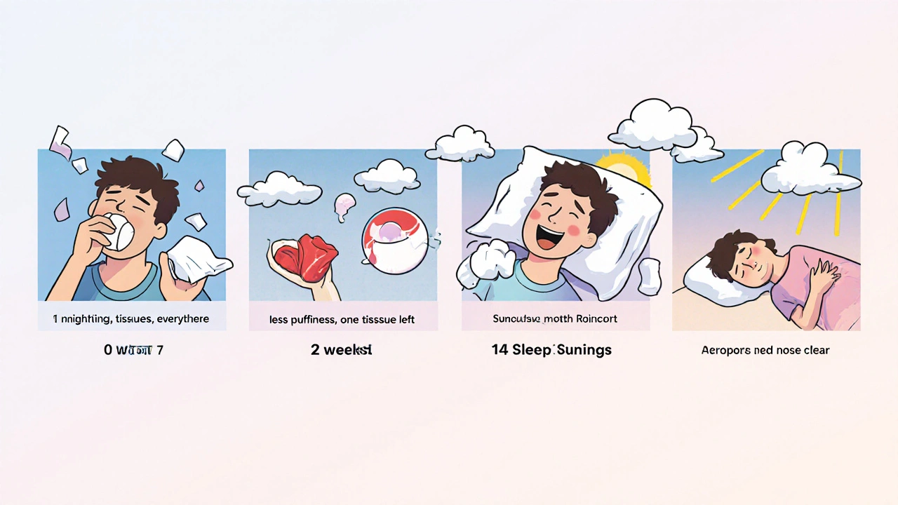 Timeline of Rhinocort’s effects over two weeks, showing nasal congestion fading to clear breathing.