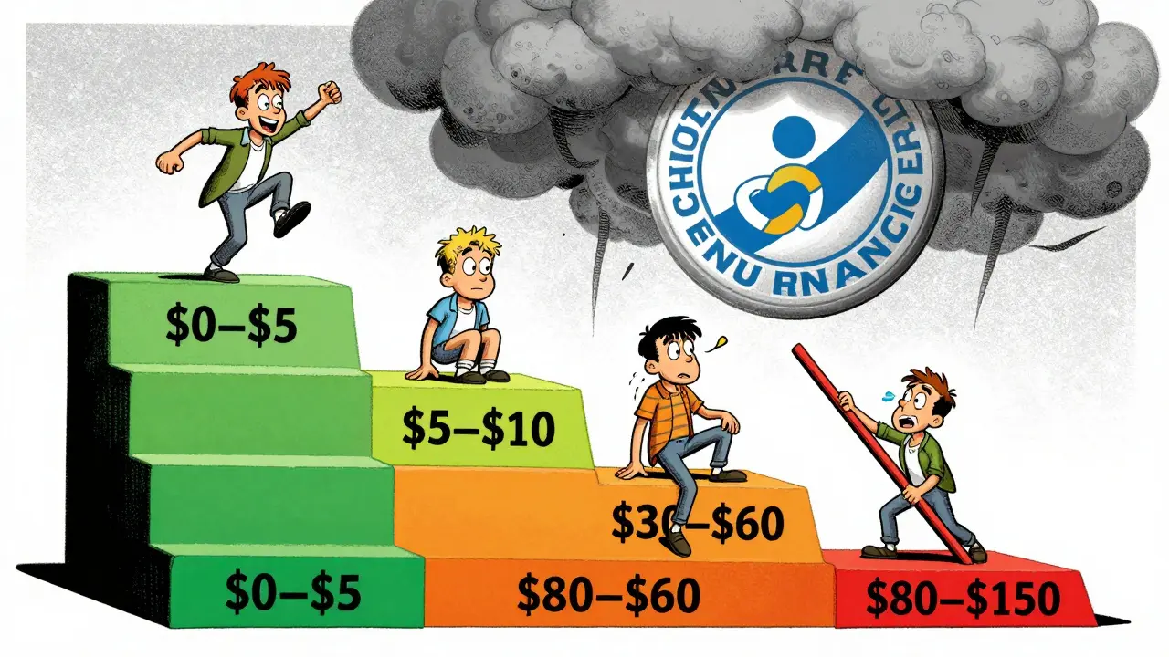 A colorful tiered ladder showing increasing drug costs from <h2>What Happens If You Choose a Brand Over a Generic?</h2> to 0, with people struggling to climb each level under an insurance logo.