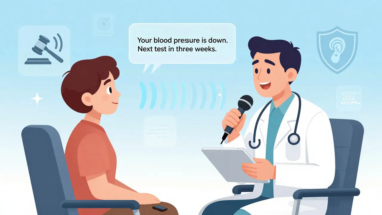 A doctor's voice transforming into a personalized audio summary above a patient’s head, symbolizing accessible health records under new federal rules.