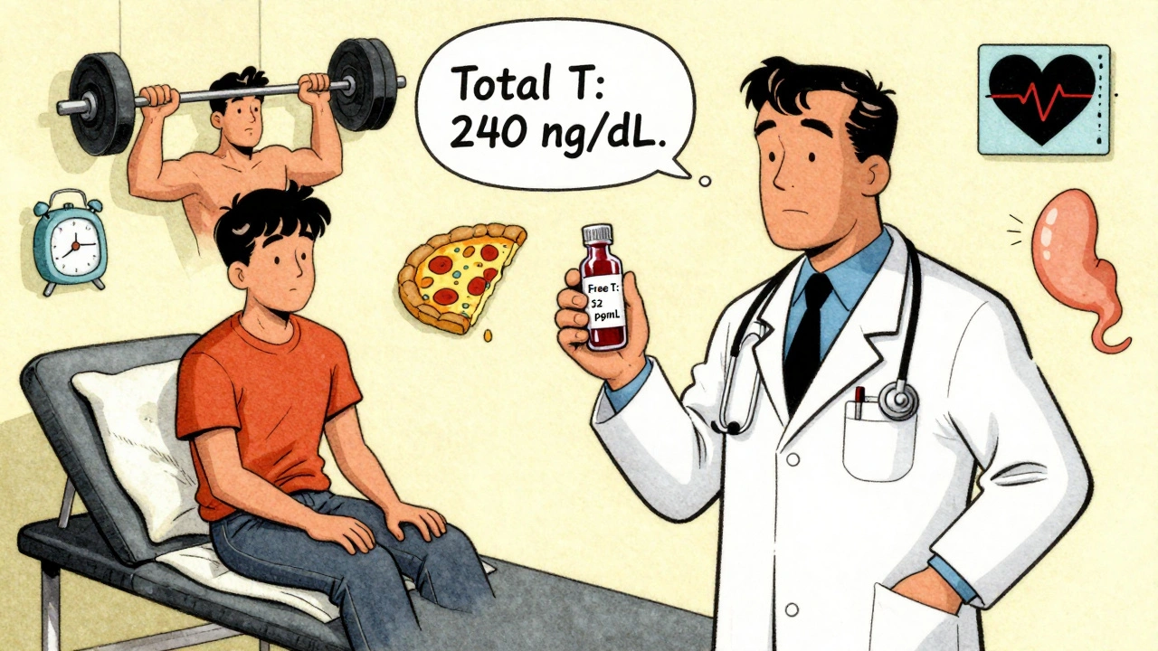 A doctor shows blood test results to a patient, with floating symbols of fatigue, obesity, and hormonal imbalance.