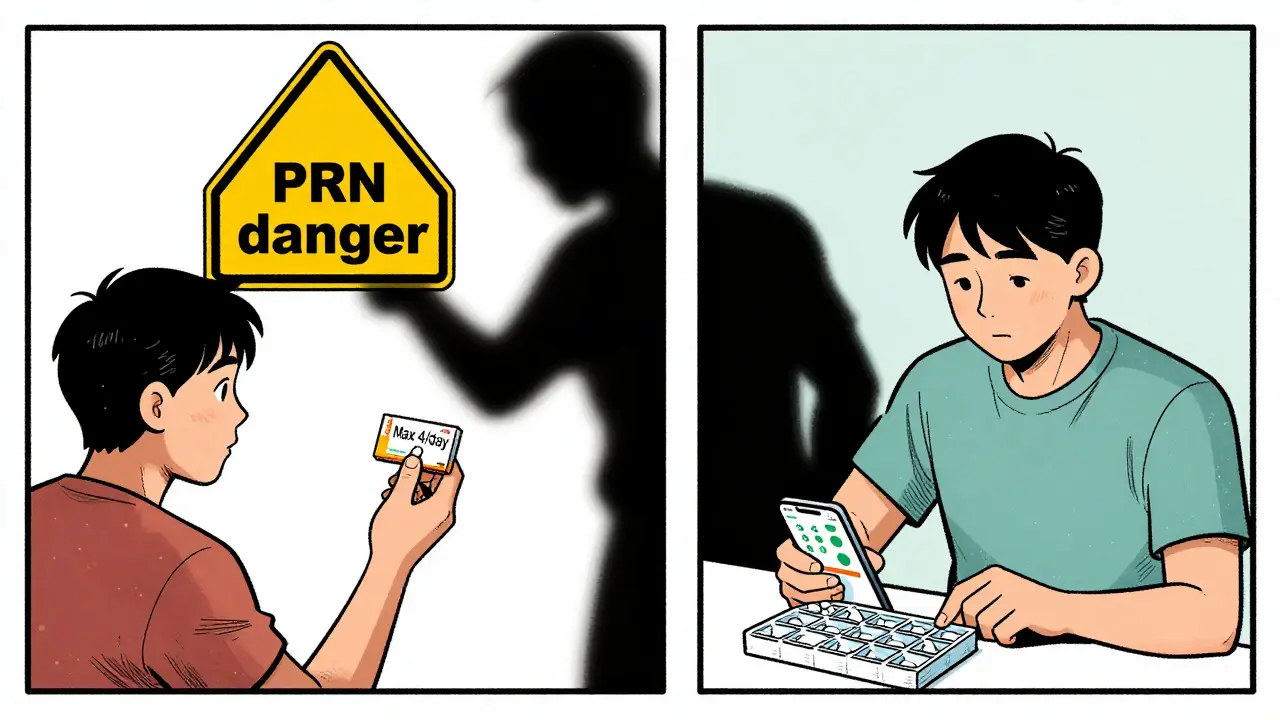 A dramatic illustration of a person nearly overdosing on PRN pain medication, contrasted with safe use of a pill organizer and app.
