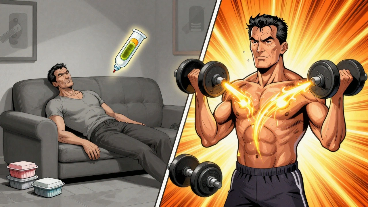 A man works out with renewed energy as medical treatments glow beside him, contrasting his past lethargic self.