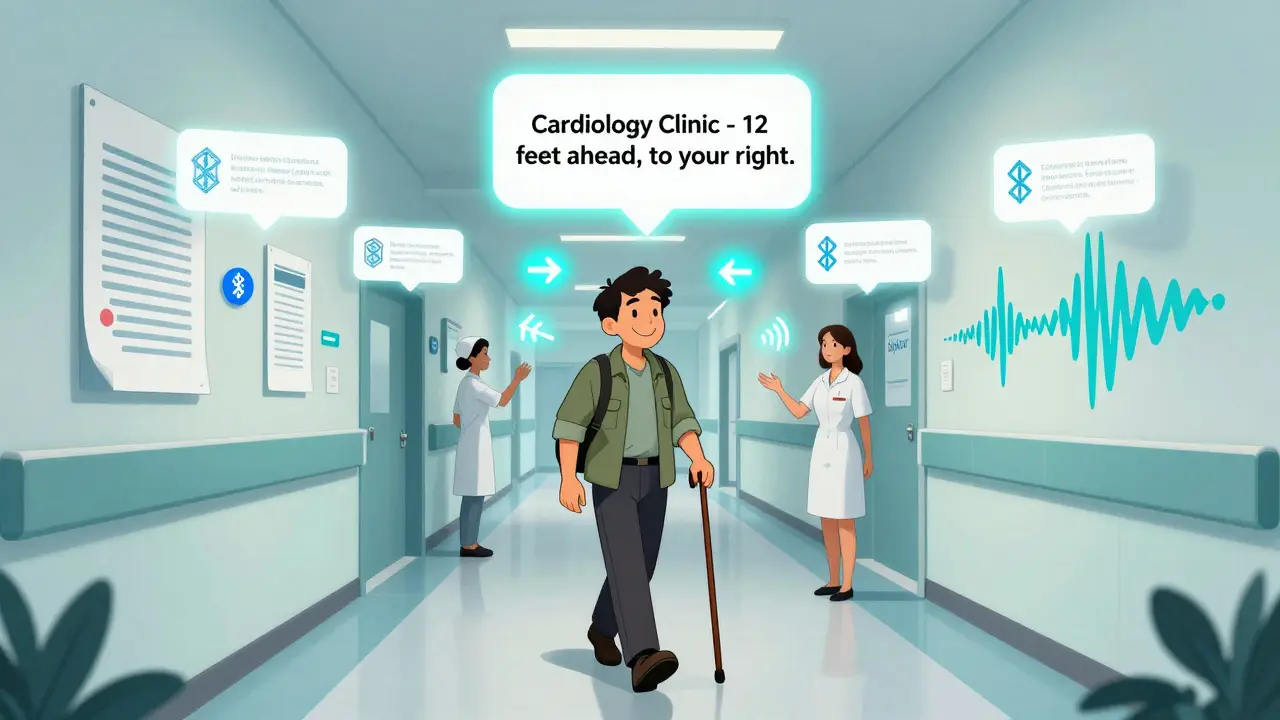 A patient navigating a hospital hallway guided by floating audio directions from RightHear Bluetooth beacons, with visual sound icons along the walls.