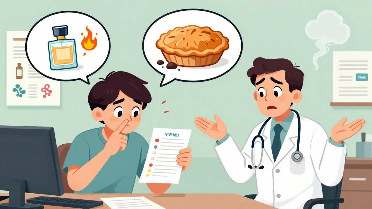 A patient shows a doctor distorted smell bubbles from medications while the doctor looks puzzled.