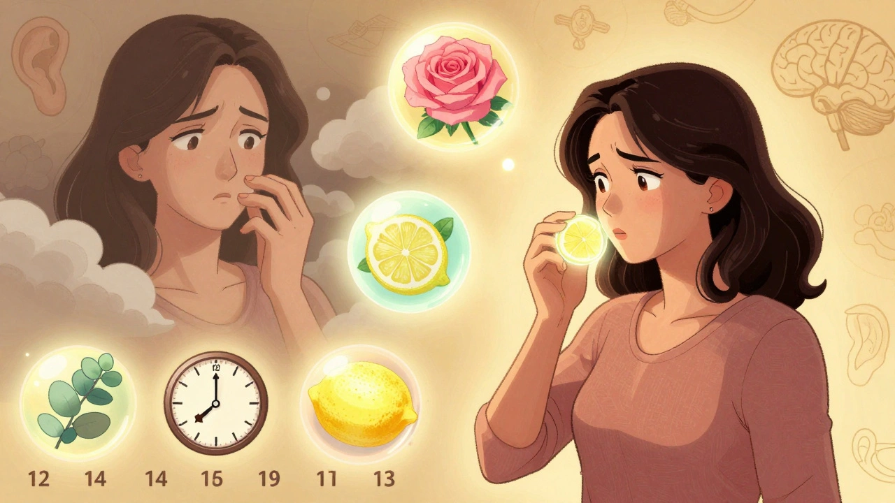 A woman sniffs four glowing scent orbs during smell training, leaving behind foul-smelling clouds.