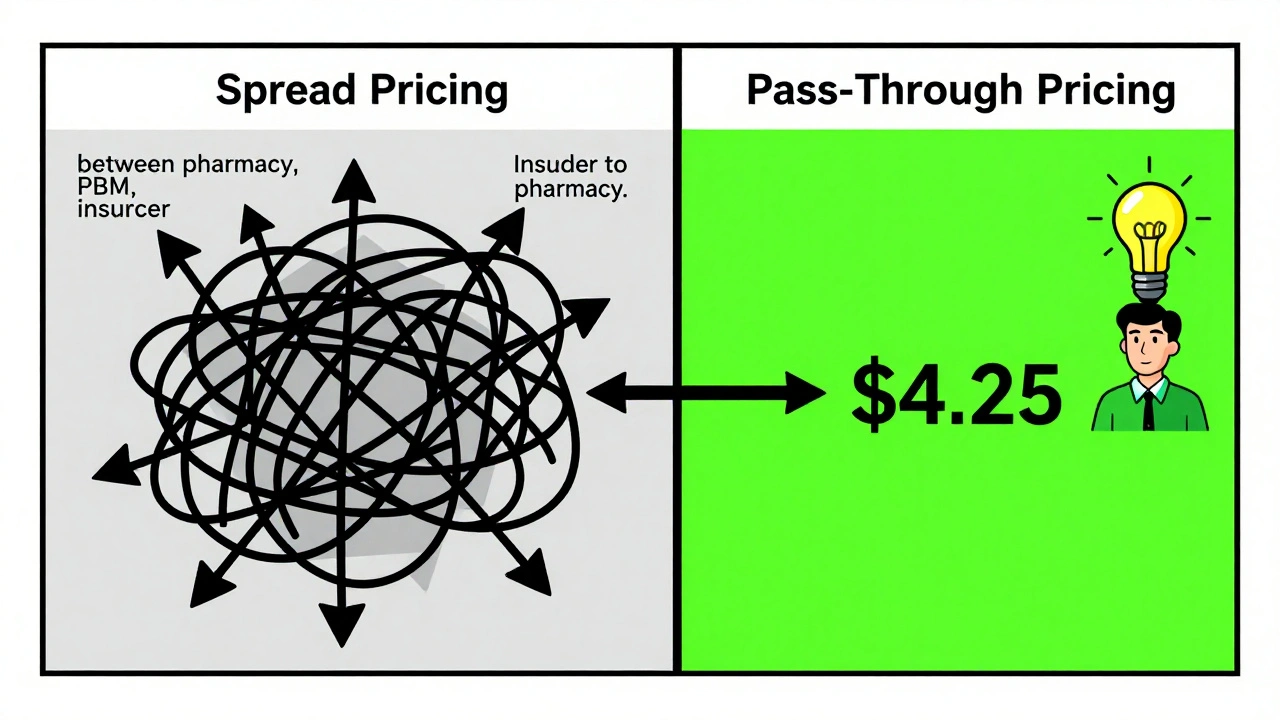 Before-and-after comic panel comparing hidden spread pricing to transparent pass-through pricing.