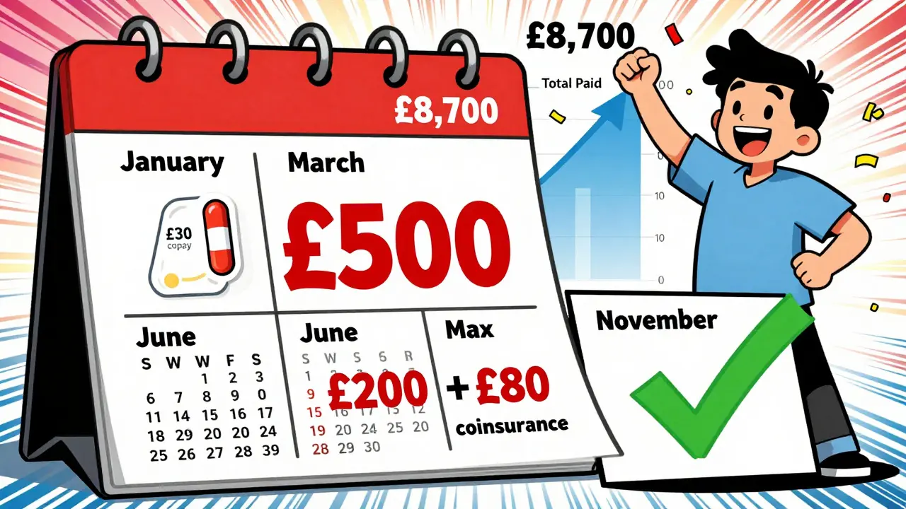 Calendar showing monthly healthcare payments climbing until hitting out-of-pocket maximum with celebration.