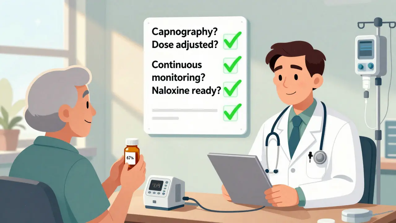Caregiver asking safety questions at clinic, doctor confirms proper monitoring, device pauses opioid drip automatically.