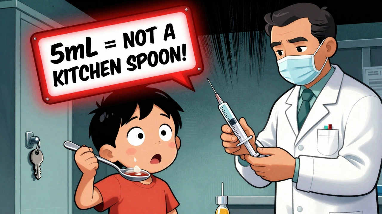 Child about to pour liquid medicine with kitchen spoon, pharmacist offering correct syringe, warning sign flashing above.