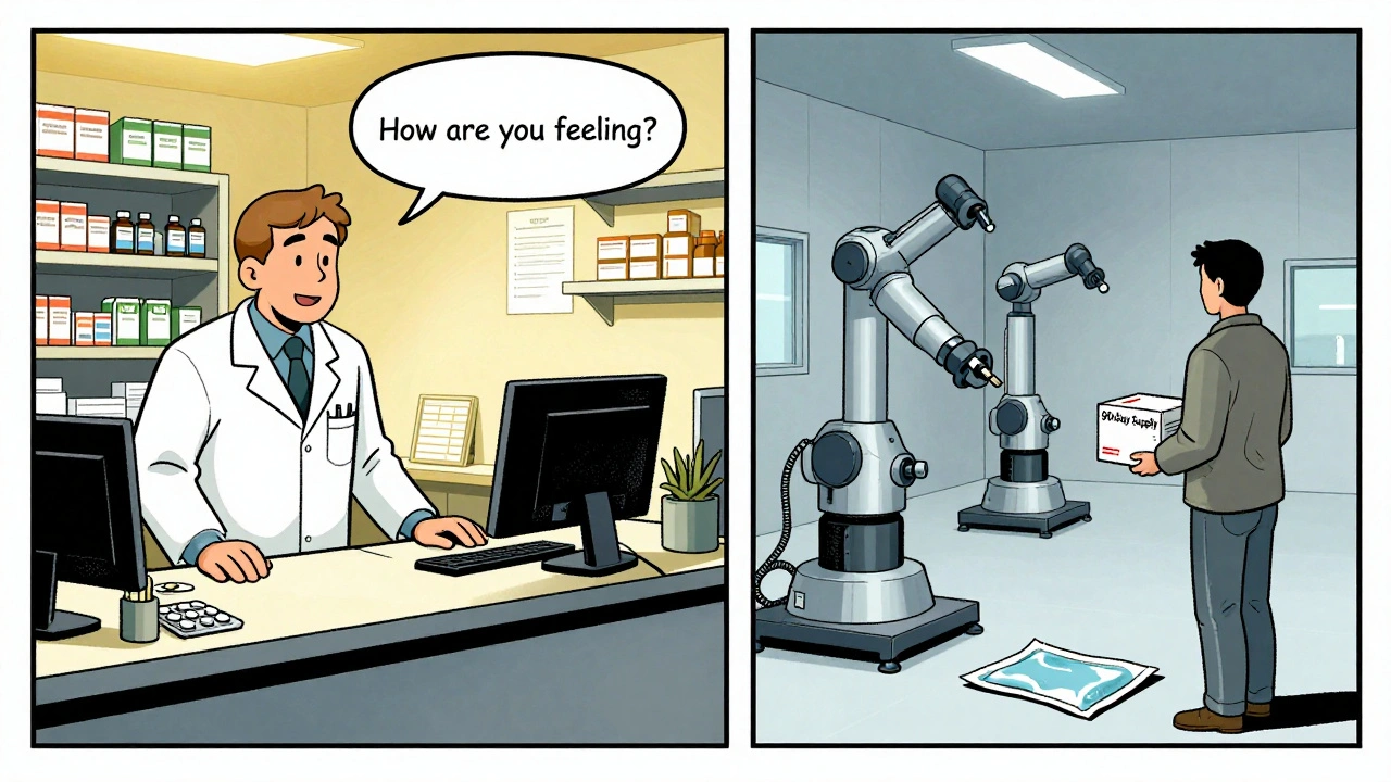Contrast between warm local pharmacist offering care and cold warehouse robot packing medications.