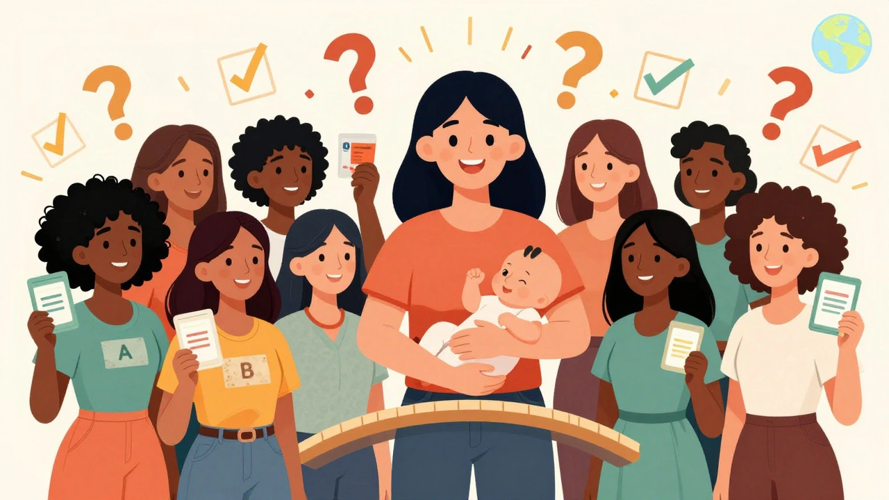 Diverse women holding drug packages as outdated letter labels fade and modern safety info glows brightly.