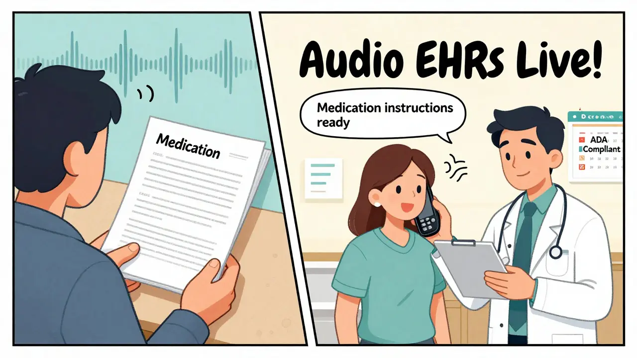 Doctor gives prescription as audio icon transforms text into spoken words, contrasting paper and audio formats.