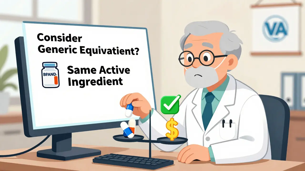 Doctor sees AI suggestion to use generic drug instead of brand-name, with comparison scale.