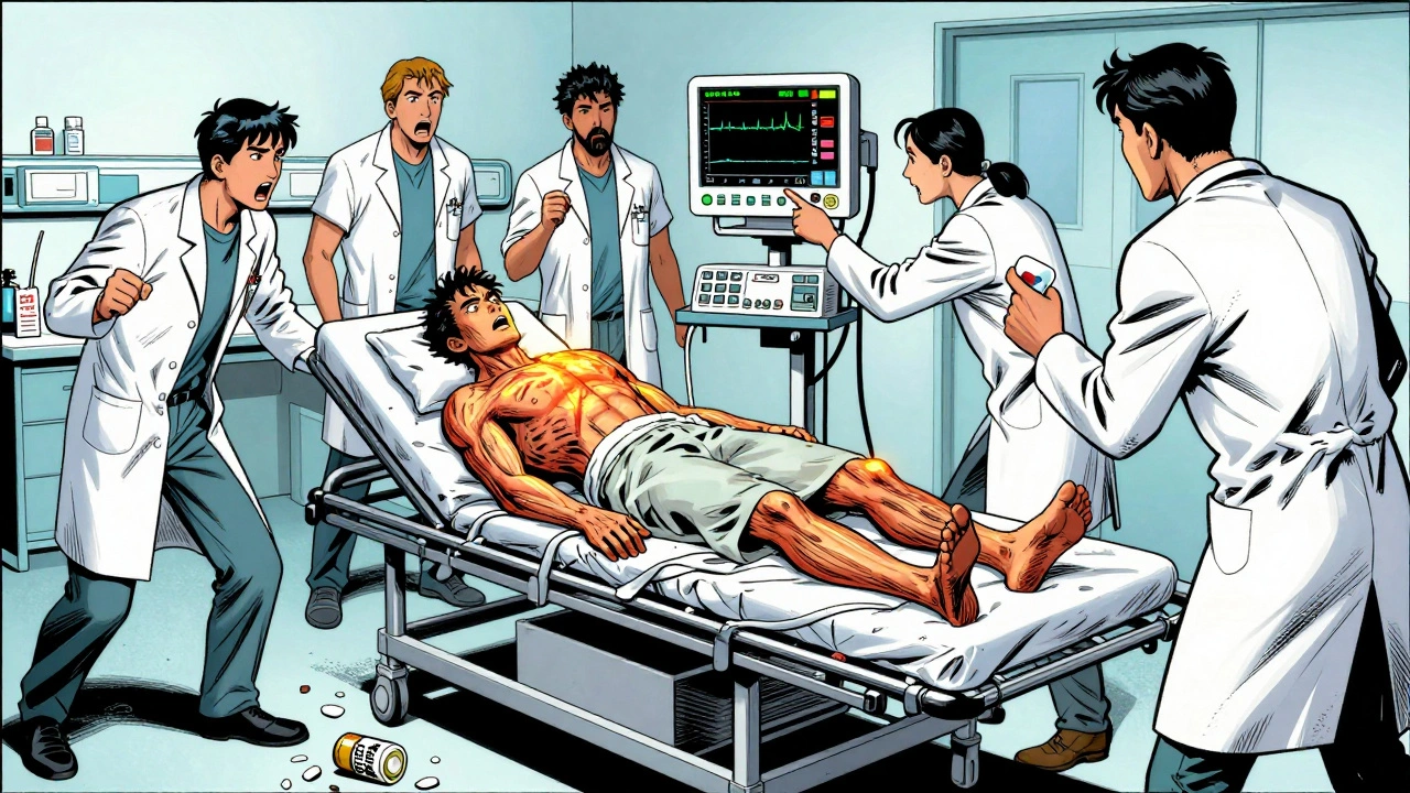 Emergency room scene with patient in serotonin syndrome, doctors reacting to rising serotonin levels.