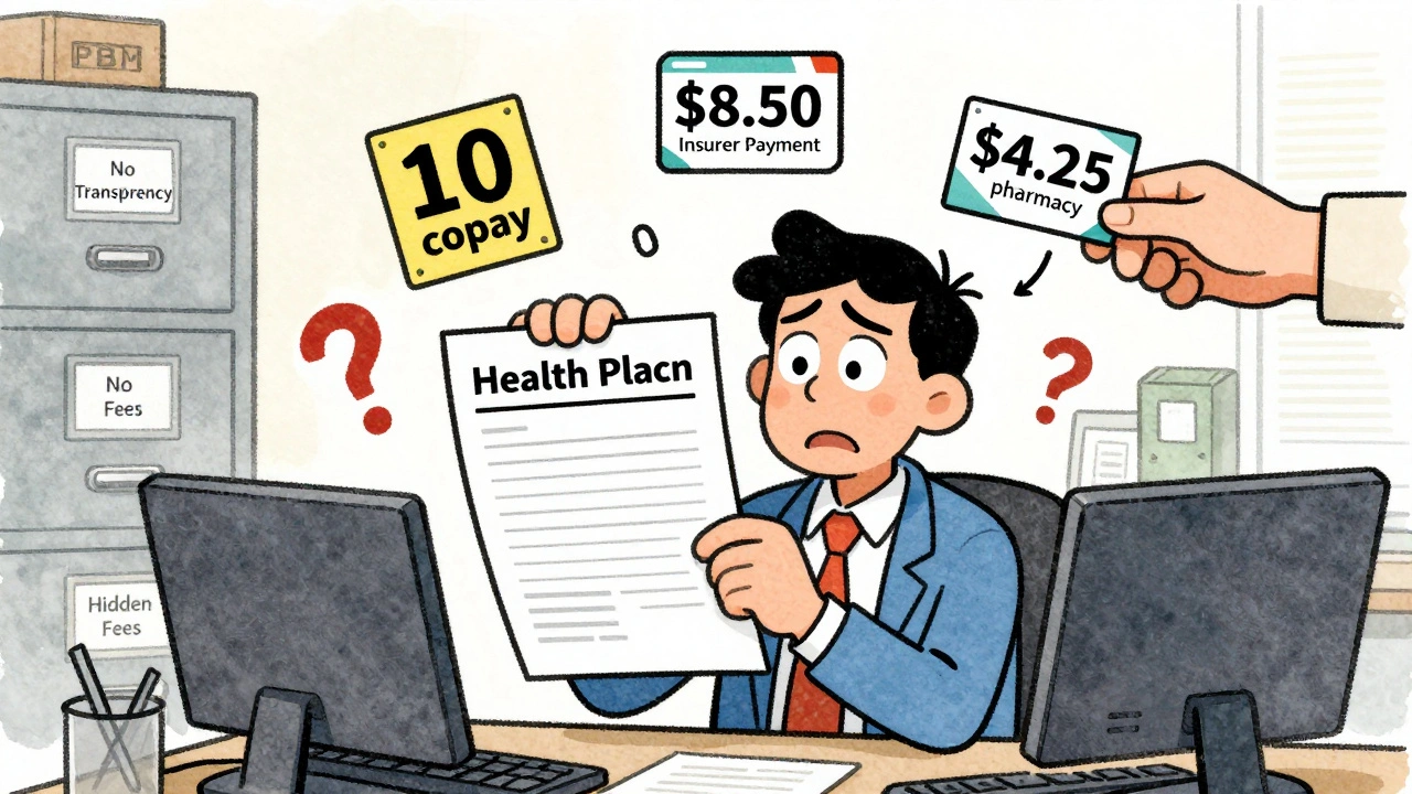 Employee confused by hidden fees in health plan, with floating dollar amounts showing spread pricing.
